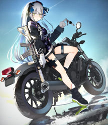 Rule 34 | 1girl, assault rifle, blue hair, blue sky, clothes writing, commentary, contrail, cross, day, facial tattoo, fuu fuu, girls&#039; frontline, gloves, green eyes, gun, h&amp;k hk416, hairband, highres, hk416 (girls&#039; frontline), hk416 (mod3) (girls&#039; frontline), iron cross, key, charm (object), long hair, long sleeves, looking at viewer, mod3 (girls&#039; frontline), motor vehicle, motorcycle, outdoors, pouch, rifle, sitting, sky, solo, tattoo, thigh strap, weapon, white gloves