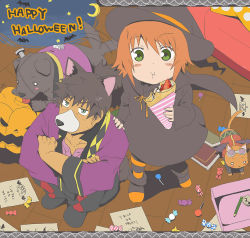 Rule 34 | 00s, 1boy, 1girl, animal, animal ears, blush, candy, cat, cat ears, crepe, dog, eating, food, from above, full mouth, green eyes, halloween, happy halloween, hat, jack-o&#039;-lantern, josephine-843, looking up, pumpkin, raven (tales), red hair, rita mordio, short hair, tales of (series), tales of vesperia, trick or treat, witch hat