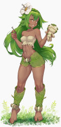Rule 34 | 1girl, amalia sheran sharm, ankle wrap, bare arms, bare shoulders, barefoot, breasts, cheshirrr, collarbone, commentary, dark-skinned female, dark skin, doll, feet, fingernails, flower, full body, green hair, hair flower, hair ornament, highres, holding, long hair, medium breasts, midriff, navel, parted lips, simple background, smile, solo, standing, stomach, strapless, teeth, toes, tube top, underwear, wakfu, yellow eyes