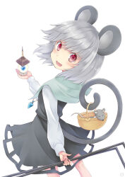 Rule 34 | 1girl, animal ears, bishamonten&#039;s pagoda, blush, capelet, commentary request, dowsing rod, green capelet, grey hair, highres, holding, holding with tail, jewelry, komiru, long sleeves, looking at viewer, mouse (animal), mouse ears, mouse girl, mouse tail, nazrin, open mouth, pendant, prehensile tail, red eyes, smile, solo, tail, touhou