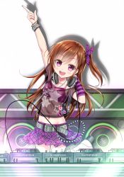Rule 34 | 1girl, belt, blush, boots, brown hair, button pins, dj, gloves, gotou hisashi, hair ribbon, headphones, highres, jewelry, long hair, necklace, open mouth, original, phonograph, plaid, plaid skirt, pleated skirt, purple eyes, ribbon, see-through, side ponytail, skirt, smile, solo, speaker, studded belt, studded bracelet, turntable