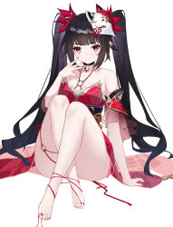 Rule 34 | 1girl, absurdres, bare legs, bare shoulders, barefoot, between toes, black choker, black hair, candy shunya, choker, commentary request, crossed legs, detached sleeves, dress, feet, fox mask, highres, honkai: star rail, honkai (series), knees up, legs, long hair, looking at viewer, mask, mask on head, nail polish, o-ring, purple eyes, red dress, short sleeves, simple background, sitting, smile, solo, sparkle (honkai: star rail), thighs, toenail polish, toenails, toes, twintails, very long hair, white background