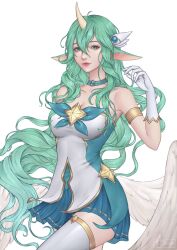 Rule 34 | 1girl, absurdres, artelsia, bare shoulders, breasts, cleavage, closed mouth, collarbone, gem, gloves, green hair, green skirt, hair between eyes, hand up, highres, horns, large breasts, league of legends, long hair, looking at viewer, miniskirt, pleated skirt, pointy ears, single horn, skirt, solo, soraka (league of legends), star (symbol), star guardian (league of legends), star guardian soraka, thighhighs, white gloves, white thighhighs, wing hair ornament