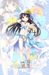 Rule 34 | 1girl, bare shoulders, bikini, black hair, blue bow, blush, bow, brown hair, closed mouth, collarbone, commentary request, cura, diagonal stripes, fingernails, flower, frilled bikini, frills, full body, groin, hachiroku (maitetsu), hair flower, hair ornament, hand in own hair, hand up, hat, hat bow, hat flower, hat ribbon, head tilt, highres, jewelry, long hair, looking at viewer, maitetsu, navel, pendant, pink flower, red eyes, ribbon, sandals, smile, solo, standing, striped, striped background, striped bow, sun hat, sunflower, swimsuit, toenails, toes, very long hair, white bikini, white flower, white footwear, white hat, yellow flower, zoom layer
