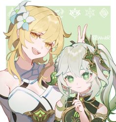 Rule 34 | 2girls, blonde hair, cross-shaped pupils, detached sleeves, flower, genshin impact, gold trim, gradient hair, green eyes, green hair, hair flower, hair ornament, highres, looking at viewer, lumine (genshin impact), multicolored hair, multiple girls, nahida (genshin impact), open mouth, outside border, pointy ears, side ponytail, sidelocks, symbol-shaped pupils, teeth, twitter username, upper teeth only, v, winkr, yellow eyes