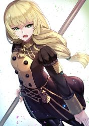 Rule 34 | 1girl, blonde hair, braid, braided ponytail, fire emblem, fire emblem: three houses, green eyes, highres, holding, holding weapon, ingrid brandl galatea, long hair, long sleeves, looking to the side, nakabayashi zun, nintendo, open mouth, polearm, simple background, single braid, solo, uniform, weapon