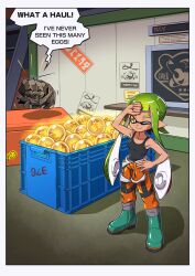 Rule 34 | 1girl, black tank top, boots, breasts, clothes around waist, commentary, domino mask, english commentary, english text, golden egg, green footwear, green hair, hand on own forehead, hand on own hip, highres, inkling girl, inkling player character, jacket, jacket around waist, ladder, long hair, mask, medium breasts, nintendo, nyaring943, one eye closed, orange pants, pants, pointy ears, poster (object), salmon run (splatoon), smile, splatoon (series), splatoon 3, tank top, tentacle hair, yellow eyes