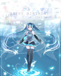 Rule 34 | 1girl, aqua eyes, aqua hair, boots, dated, detached sleeves, floating hair, happy birthday, hatsune miku, headset, highres, kuroi (liar-player), long hair, looking at viewer, nail polish, necktie, open mouth, skirt, solo, thigh boots, thighhighs, twintails, vocaloid