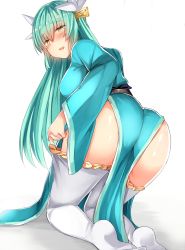 Rule 34 | 1girl, :d, all fours, aqua hair, aqua kimono, ass, blush, breasts, brown eyes, fate/grand order, fate (series), from behind, hair between eyes, highres, horns, japanese clothes, kimono, kiyohime (fate), large breasts, long hair, long sleeves, looking at viewer, looking back, no shoes, obi, open mouth, parted lips, sabujiroko, sash, simple background, smile, solo, thighhighs, thighhighs pull, white background, white thighhighs, wide sleeves