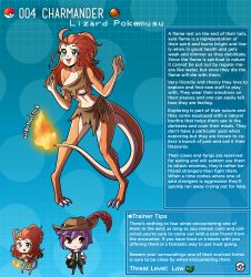 Rule 34 | 1boy, 1girl, ahoge, artist name, blue eyes, breasts, character profile, charmander, claws, colored skin, commentary, creatures (company), digitigrade, english commentary, english text, fangs, feathers, fire, flame-tipped tail, game freak, gen 1 pokemon, hat feather, highres, kinkymation, lizard tail, medium breasts, monster girl, nintendo, open mouth, orange hair, orange skin, personification, poke ball, pokemon, profile, purple hair, rags, scales, tail, talons, underboob