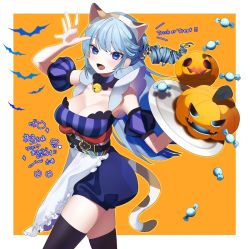Rule 34 | 1girl, :d, animal costume, animal ears, apron, bat (animal), bell, blue eyes, blue hair, breasts, calico, candy, cat costume, cat ears, cat tail, choker, cleavage, detached sleeves, drill hair, fake animal ears, fake tail, fang, food, hairband, halloween, hand up, holding, holding tray, indie virtual youtuber, jack-o&#039;-lantern, koe 01 03, large breasts, long hair, looking at viewer, neck bell, open mouth, puff and slash sleeves, puffy sleeves, pumpkin, scrunchie, short sleeves, shorts, smile, solo, tail, thighhighs, tray, trick or treat, tsubakino comachi, underbust, very long hair, virtual youtuber, waist apron, wrapped candy