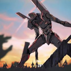 Rule 34 | blood, bloody weapon, eva 02, extra eyes, highres, humanoid robot, korean commentary, leaning forward, mecha, neon genesis evangelion, no humans, open hand, robot, science fiction, siku199, solo, sunset, sword, weapon