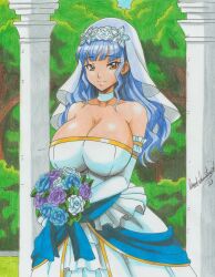 Rule 34 | 1girl, 2023, artist name, blue flower, blue hair, bouquet, breasts, bridal veil, bush, choker, cleavage, closed mouth, commission, cowboy shot, dress, elbow gloves, female focus, fire emblem, fire emblem: three houses, flower, gloves, huge breasts, intelligent systems, large breasts, looking at viewer, marianne von edmund, nintendo, orange eyes, outdoors, purple flower, ravernclouk design, smile, solo, standing, traditional media, tree, veil, wedding, wedding dress, white choker, white dress, white flower