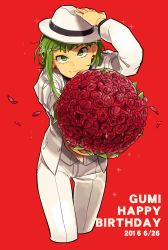 Rule 34 | 10s, 1girl, 2016, adjusting clothes, adjusting headwear, bouquet, character name, cropped legs, crossdressing, dated, earrings, fedora, flower, flower earrings, foreshortening, formal, green eyes, green hair, gumi, hand on headwear, happy birthday, haru (oomr005), hat, hat ribbon, head tilt, highres, incoming gift, jacket, jewelry, legs together, long sleeves, looking at viewer, matching hair/eyes, pants, petals, red background, red flower, red rose, ribbon, rose, short hair with long locks, simple background, smile, solo, sparkle, stud earrings, suit, thigh gap, tsurime, vocaloid, white hat, white jacket, white pants, white suit