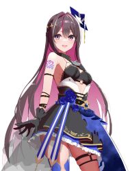 Rule 34 | 1girl, amane kanata, amane kanata (another world), amane kanata (cosplay), animal collar, arm at side, arm strap, arm tattoo, azki (hololive), belt, black belt, black bra, black collar, black gloves, black skirt, blue flower, blue halo, blue rose, blue skirt, blue thighhighs, bra, breasts, brown hair, collar, colored inner hair, cosplay, cowboy shot, double-parted bangs, flower, gloves, gold trim, hair between eyes, hair intakes, halo, hands on own chest, heart o-ring, high-waist skirt, highres, hololive, kuronaga, lace, lace-trimmed bra, lace trim, layered skirt, light blush, long hair, looking at viewer, medium breasts, miniskirt, mole, mole under eye, multicolored hair, o-ring, o-ring thigh strap, o-ring top, official alternate hair length, official alternate hairstyle, open mouth, overskirt, pink hair, purple eyes, rose, see-through, see-through skirt, simple background, single thighhigh, skindentation, skirt, solo, strapless, strapless bra, tattoo, thigh strap, thighhighs, torn clothes, torn skirt, underwear, very long hair, virtual youtuber, white background, wrist straps