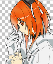 Rule 34 | 1girl, a.i. voice, adachi rei, android, checkered background, from side, gloves, grey background, hair ribbon, hands up, hidaka ui, highres, jacket, joints, long sleeves, medium hair, mouth hold, one side up, orange eyes, orange hair, profile, putting on gloves, ribbon, robot joints, single glove, solo, upper body, utau, white gloves, white jacket, white ribbon
