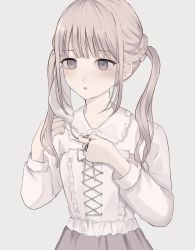 Rule 34 | 1girl, :o, bad id, bad twitter id, blush, brown eyes, brown hair, collared shirt, commentary request, frilled shirt, frilled shirt collar, frills, grey background, grey nails, grey skirt, hands up, highres, jewelry, long hair, looking away, mask, mouth mask, nail polish, original, parted lips, ring, shirt, simple background, skirt, solo, surgical mask, tsuruse, twintails, white shirt