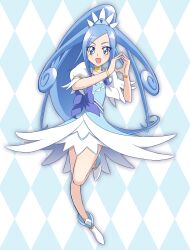 Rule 34 | 1girl, ankle boots, argyle, argyle background, argyle clothes, blue bow, blue eyes, blue hair, boots, bow, bracelet, brooch, choker, cure diamond, diamond hands, dokidoki! precure, earrings, full body, hair ornament, heart, heart brooch, high ponytail, highres, hishikawa rikka, jewelry, long hair, magical girl, open mouth, ponytail, precure, puffy sleeves, smile, solo, standing, standing on one leg, usoco, waist bow, wide ponytail, yellow choker