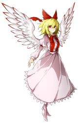 Rule 34 | 1girl, angel wings, arm at side, armband, bad id, bad pixiv id, blonde hair, crazy smile, dress, full body, gengetsu (touhou), highres, kankan33333, long skirt, looking at viewer, red eyes, shoes, short hair, simple background, skirt, smile, solo, touhou, touhou (pc-98), white background, white dress, white footwear, white skirt, wings