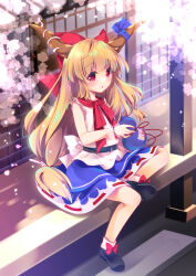 Rule 34 | 1girl, :o, black footwear, blonde hair, blue ribbon, blue skirt, blush, bow, cherry blossoms, enjoy mix, expressionless, flat chest, footwear bow, full body, gourd, hair bow, ibuki suika, long hair, looking at viewer, low-tied long hair, medium bangs, neckerchief, open mouth, porch, red bow, red eyes, red neckerchief, ribbon, ribbon-trimmed skirt, ribbon trim, shirt, shouji, skirt, sleeveless, sleeveless shirt, sliding doors, socks, solo, touhou, very long hair, white shirt, white socks