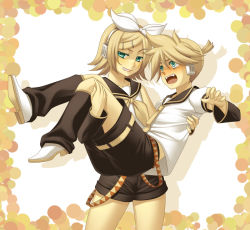 Rule 34 | 1boy, 1girl, blonde hair, blush, brother and sister, carrying, green eyes, grin, kagamine len, kagamine rin, naughty face, princess carry, siblings, smile, terumii, twins, vocaloid, you gonna get raped