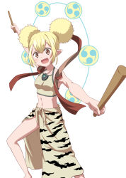 Rule 34 | 1girl, :d, bikini, blonde hair, brown bikini, brown eyes, chest jewel, double bun, drum, drumsticks, electra (xenoblade), hair bun, holding, holding drumsticks, horns, instrument, kageyasu, looking at viewer, midriff, navel, open mouth, pointy ears, simple background, smile, solo, stomach, swimsuit, white background, xenoblade chronicles (series), xenoblade chronicles 2