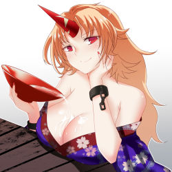 Rule 34 | 1girl, alcohol, bad id, bad pixiv id, bare shoulders, blonde hair, breast rest, breasts, chain, cleavage, cuffs, cup, female focus, floral print, gradient background, gradient eyes, hand on own cheek, hand on own face, highres, horns, hoshiguma yuugi, hoshiguma yuugi (kimono), japanese clothes, kimono, large breasts, long hair, looking at viewer, multicolored eyes, nail polish, off shoulder, red eyes, red nails, sakazuki, sake, sexually suggestive, single horn, smile, solo, spilling, star (symbol), star print, touhou, upper body, very long hair, x&amp;x&amp;x