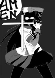 Rule 34 | 1girl, absurdres, alexander anderson, batacchi (mashimashi butter), catchphrase, glasses, greyscale, hellsing, highres, holding, holding weapon, kantai collection, long hair, monochrome, ooyodo (kancolle), pantyhose, parody, solo, weapon