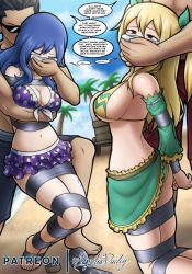 Rule 34 | 2boys, 2girls, absurdres, arms behind back, bare shoulders, bdsm, beach, bikini, bound, breasts, chloroform, covered mouth, covering face, drugged, fairy tail, gag, highres, holding, improvised gag, juvia lockser, kidnapping, large breasts, long hair, looking at another, looking back, lucy heartfilia, magnolia-baillon, multiple boys, multiple girls, passing out, sand, speech bubble, swimsuit, tape, tape bondage, tape gag, text focus