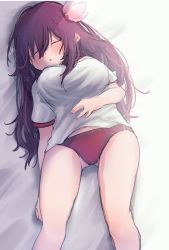 Rule 34 | bad id, bad twitter id, breasts, brown hair, closed eyes, commentary request, hair between eyes, hair ribbon, hand on own stomach, highres, kantai collection, karin bluez3, kisaragi (kancolle), large breasts, long hair, lying, messy hair, panties, red panties, ribbon, shirt, sleeping, underwear, white shirt