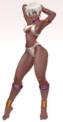 Rule 34 | 1girl, anklet, armlet, armpits, arms behind head, arms up, barefoot, blue eyes, blue nails, bracelet, breasts, capcom, cheshirrr, commentary, dark-skinned female, dark skin, earrings, elena (street fighter), english commentary, full body, hair between eyes, highres, jewelry, leglet, looking at viewer, medium breasts, moon, nail polish, navel, neck ribbon, ribbon, short hair, sideboob, smile, solo, standing, street fighter, toenail polish, toenails, white hair