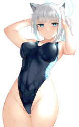 Rule 34 | 1girl, absurdres, animal ear fluff, animal ears, armpits, arms behind head, bare shoulders, blue archive, blue eyes, breasts, cat ears, collarbone, commentary, competition swimsuit, covered erect nipples, covered navel, cowboy shot, from below, grey hair, halo, highleg, highleg swimsuit, highres, kakeru (fujiwara kakeru), looking at viewer, medium breasts, one-piece swimsuit, ponytail, pubic stubble, shiroko (blue archive), shiroko (swimsuit) (blue archive), sidelocks, simple background, swimsuit, thigh gap, wet, white background