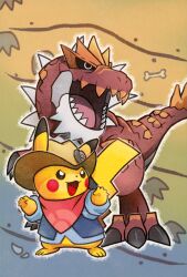 Rule 34 | 10s, archeology, blue shirt, claws, creatures (company), fossil, game freak, gen 1 pokemon, gen 6 pokemon, hat, nintendo, no humans, official art, open mouth, pikachu, pokemon, pokemon (creature), promotional art, red scarf, scarf, sharp teeth, shirt, smile, tail, teeth, tyrantrum