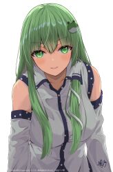 Rule 34 | 1girl, absurdres, bare shoulders, blush, breasts, detached sleeves, frog, frog hair ornament, green eyes, green hair, hair ornament, hair tubes, harumomiji, highres, kochiya sanae, large breasts, long hair, looking at viewer, nontraditional miko, shirt, skirt, smile, snake, snake hair ornament, touhou, twitter username, upper body