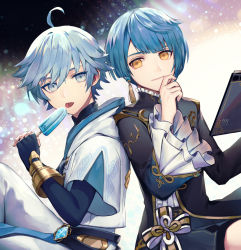 Rule 34 | 2boys, ahoge, asymmetrical bangs, blue eyes, blue hair, chinese clothes, chongyun (genshin impact), commentary request, earrings, fingerless gloves, food, frilled shirt collar, frilled sleeves, frills, genshin impact, gloves, highres, holding, ice cream, jewelry, long coat, long sleeves, looking at viewer, multiple boys, penguu (green528), ribbon, shirt, single earring, tassel, tassel earrings, xingqiu (genshin impact), yellow eyes