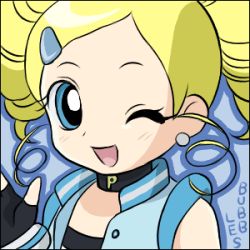 Rule 34 | 00s, 1girl, ;d, artist request, bare shoulders, blush, buttons, closed mouth, drill hair, earrings, goutokuji miyako, hair ornament, hairclip, jewelry, lowres, one eye closed, open clothes, open mouth, open vest, portrait, powerpuff girls, powerpuff girls z, rolling bubbles, smile, solo, twintails, unbuttoned, upper body, vest