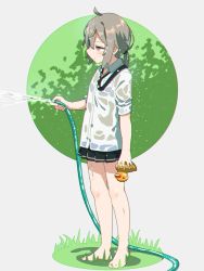 Rule 34 | 1girl, ahoge, barefoot, black necktie, black skirt, chromatic aberration, closed mouth, collared shirt, from side, full body, girls&#039; frontline, grass, green hair, grey background, hair between eyes, highres, holding, holding hose, hose, kuro kosyou, long hair, low ponytail, m200 (girls&#039; frontline), necktie, ponytail, rubber duck, see-through, shirt, short sleeves, sidelocks, skirt, solo, standing, water, wet, wet clothes