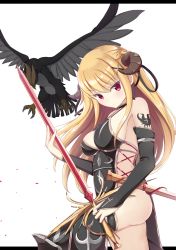 Rule 34 | 1girl, ass, bird, black background, black ribbon, black thighhighs, blonde hair, blush, braid, breasts, closed mouth, cowboy shot, demon horns, detached sleeves, from side, hair ornament, hair ribbon, highres, holding, holding sword, holding weapon, horns, knee up, large breasts, long hair, looking at viewer, no panties, original, purple eyes, revealing clothes, ribbon, robe, short hair, sideboob, sidelocks, simple background, solo, sword, takapii, thighhighs, thighs, tsurime, two-tone background, weapon, white background, x hair ornament