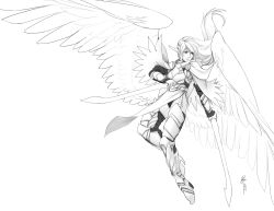 Rule 34 | 1girl, absurdres, angel, angel wings, armor, breasts, cape, dual wielding, feathered wings, floating hair, flying, greyscale, high heels, highres, holding, holding weapon, insignia, leg armor, less, looking to the side, monochrome, panties, plate armor, pointy ears, sideboob, signature, simple background, solo, sword, tabard, underwear, weapon, white background, wings