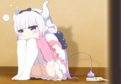Rule 34 | 10s, 1girl, anafuchi, ass, blue eyes, cable, capelet, dragon girl, dragon horns, dragon tail, electric plug, electrical outlet, hair bobbles, hair ornament, hairband, horns, kanna kamui, kobayashi-san chi no maidragon, light purple hair, long hair, looking at viewer, low twintails, power strip, sleepy, slit pupils, solo, tail, thighhighs, twintails, white thighhighs, wooden floor