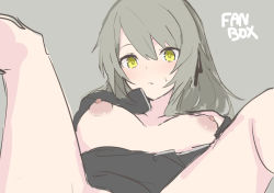 Rule 34 | 1girl, bad id, bad pixiv id, blush, breasts, commentary request, feet out of frame, ff frbb122, girls&#039; frontline, grey background, grey hair, hair between eyes, highres, long hair, lying, nipples, parted lips, ribbon, simple background, sketch, solo, spread legs, sweatdrop, ump40 (girls&#039; frontline), yellow eyes
