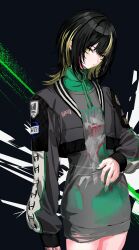 Rule 34 | 1girl, black hair, blonde hair, blue background, closed mouth, commentary, cowboy shot, cropped jacket, earrings, green nails, grey jacket, grey shirt, grey skirt, highres, idolmaster, idolmaster shiny colors, ikaruga luca, infukun, jacket, jewelry, long sleeves, looking at viewer, medium hair, multicolored hair, nail polish, open clothes, open jacket, shirt, skirt, solo, streaked hair, two-tone hair, yellow eyes
