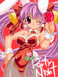 Rule 34 | 1girl, animal ears, arm up, bare shoulders, closed mouth, collarbone, cup, detached collar, di gi charat, dot nose, drinking glass, english text, fake animal ears, female focus, holding, holding wine glass, leotard, one eye closed, pantyhose, party, playboy bunny, purple hair, rabbit ears, red eyes, smile, solo, standing, usada hikaru, wine glass, wrist cuffs