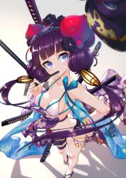 Rule 34 | 1girl, bangle, bare shoulders, bikini, blue-framed eyewear, blue eyes, blunt bangs, blurry, blurry foreground, blush, bracelet, breasts, brush, closed mouth, collarbone, depth of field, fate/grand order, fate (series), female focus, floral print, from above, full body, goggles, goggles on head, grey background, hair bun, hair ornament, hair tubes, hand on own hip, hand up, heel up, highres, holding, jewelry, kashu (hizake), katana, katsushika hokusai (fate), katsushika hokusai (swimsuit saber) (fate), light blush, long hair, looking to the side, looking up, medium breasts, mouth hold, navel, purple-tinted eyewear, purple footwear, purple hair, sandals, sash, sheath, sheathed, simple background, single hair bun, solo, standing, stomach, swimsuit, sword, thigh strap, tinted eyewear, twintails, very long hair, weapon, white bikini