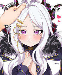 Rule 34 | 1boy, 1girl, absurdres, ahoge, blue archive, blush, coat, coat on shoulders, commentary request, demon girl, demon horns, ear blush, hair ornament, hair over shoulder, hair ribbon, hairclip, hand on hand, hand up, headpat, heart, highres, hina (blue archive), holding finger, horns, karaage (xxxmido02), long hair, long sleeves, looking at viewer, military, military uniform, open mouth, out of frame, parted bangs, pov, pov hands, purple eyes, ribbon, sensei (blue archive), sidelocks, simple background, smile, solo focus, speech bubble, sweat, translated, uniform, white background, white hair