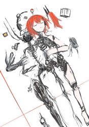 Rule 34 | 1girl, a.i. voice, adachi rei, android, closed eyes, closed mouth, completely nude, cpu, disassembly, dutch angle, eyeball, from above, full body, hand on own stomach, headphones, headphones removed, highres, joints, lying, mechanical parts, nude, on back, orange hair, radio antenna, red eyes, ribs, robot girl, robot joints, rutsubo (lu2vooo), severed hair, skeleton, sketch, solo, spine, utau, white background