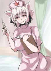 Rule 34 | 1girl, alternate costume, animal ears, blush, breast suppress, breasts, clipboard, dress, hat, inubashiri momiji, large breasts, looking at viewer, name tag, nurse, nurse cap, red eyes, sekitaku, short sleeves, smile, solo, tail, thermometer, touhou, white hair, wolf ears, wolf tail