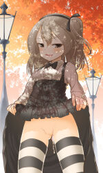 Rule 34 | 1girl, aftersex, blush, brown hair, clothes lift, condom, condom left inside, cum, cumdrip, girls und panzer, highres, jturner42000, lifting own clothes, looking at viewer, naughty face, no panties, outdoors, presenting, public indecency, shimada arisu, skirt, skirt lift, solo, used condom