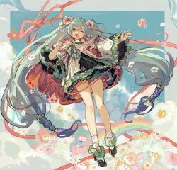 Rule 34 | 1girl, absurdres, flower, hatsune miku, highres, legs, mento, one eye closed, rainbow, solo, twintails, vocaloid