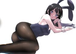 Rule 34 | 1girl, animal ears, ass, bare arms, bare shoulders, black hair, black pantyhose, blue eyes, blue leotard, blurry, breasts, closed mouth, commentary, fake animal ears, feet out of frame, hair ornament, hairclip, hand on own chin, leotard, long hair, looking at viewer, lying, medium breasts, on side, pantyhose, playboy bunny, rabbit ears, sakurajima mai, seishun buta yarou, simple background, solo, strapless, strapless leotard, t7s-kuroro, thighs, white background, wrist cuffs